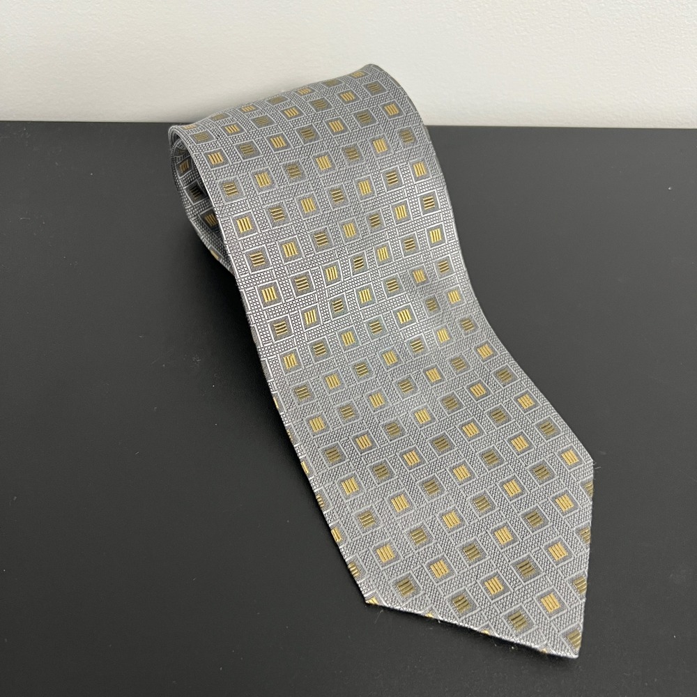 Dani Moda Maschile Mens Silk‎ Tie Grey Gold Geometric Square Hand Made Italy